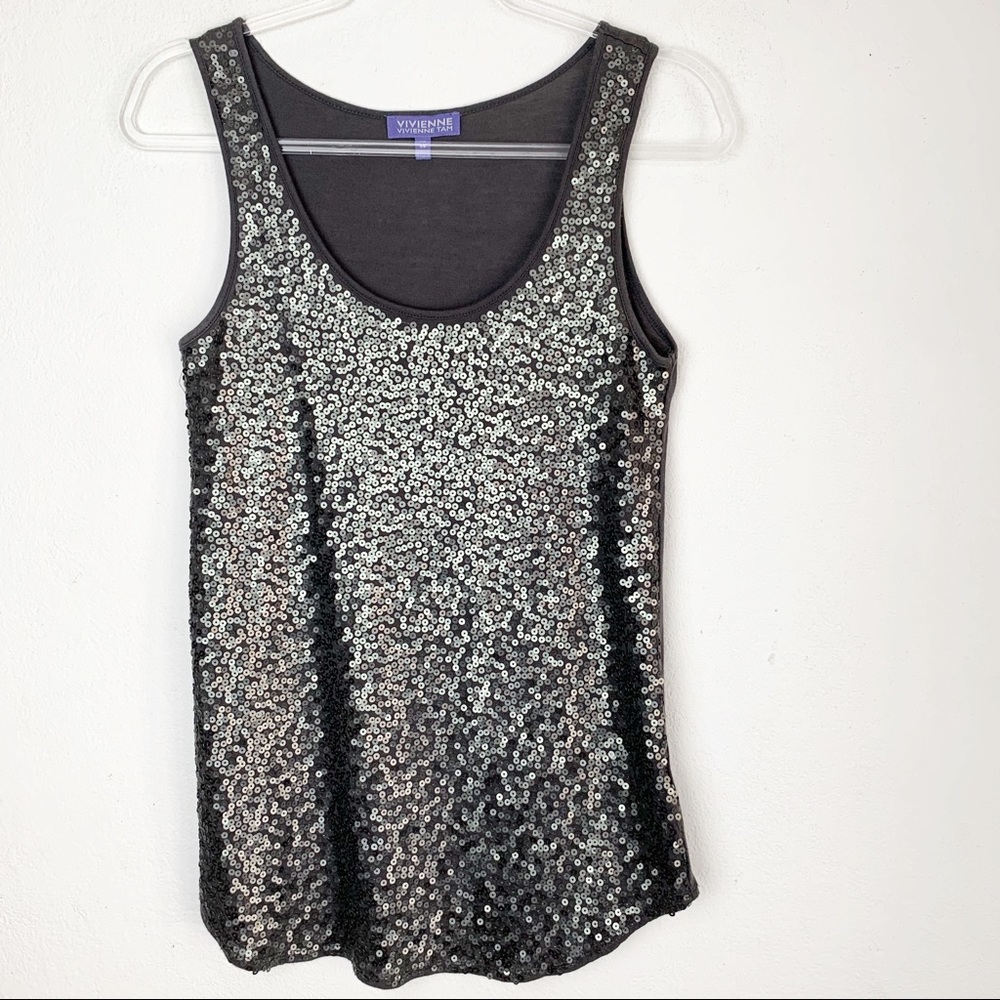 Vivienne Tam Silver Grey Sequin Tank Top Scoop Neck  XS
